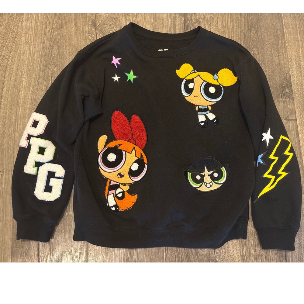 Vintage Powerpuff Girls Black Graphic Sweatshirt Chenille Patch Girls Size M 7-9